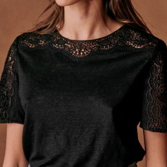 Sezane Lorena 100% Linen Black Top Size XL Lace Embroidery Short Sleeve Blouse - Picture 12 of 12